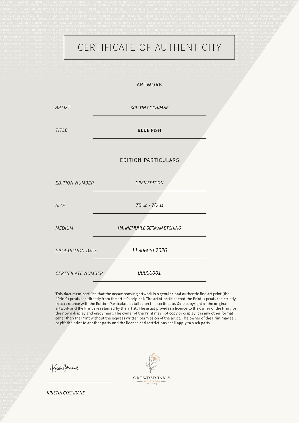 Blue Fish — Certificate of Authenticity