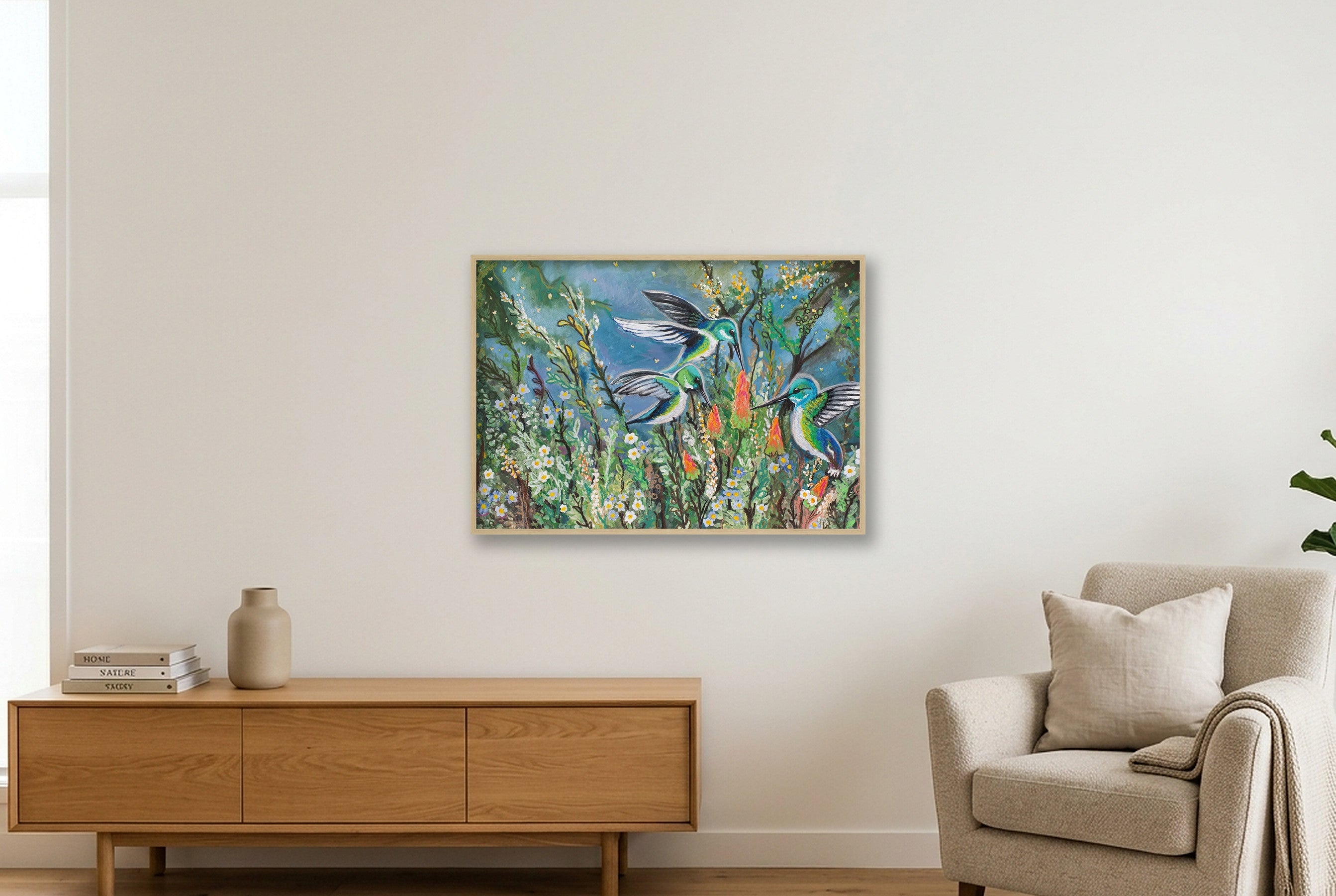 Whimsical Hummingbirds — 100×70cm, 39×28" Oak Frame