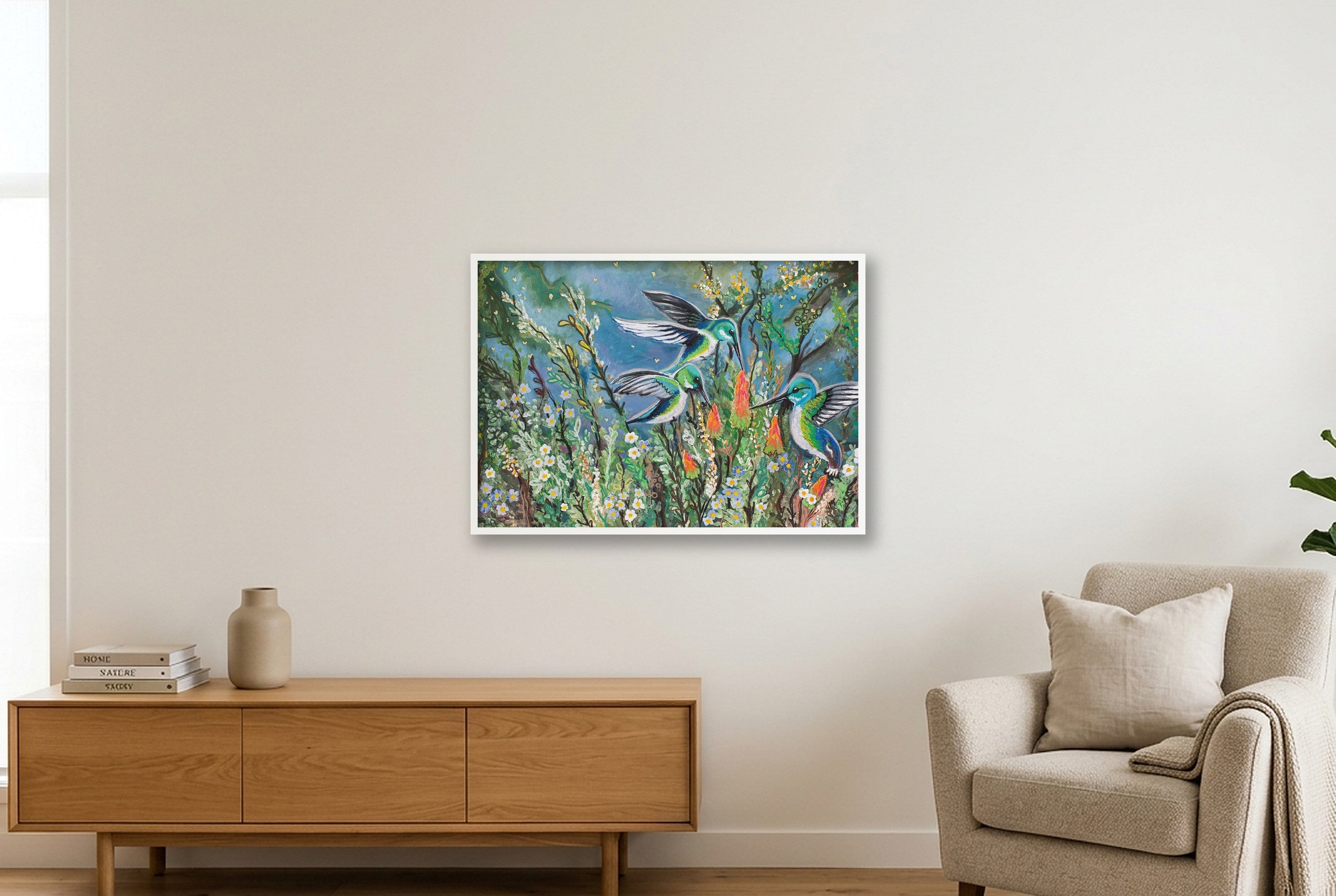 Whimsical Hummingbirds — 100×70cm, 39×28" White Frame