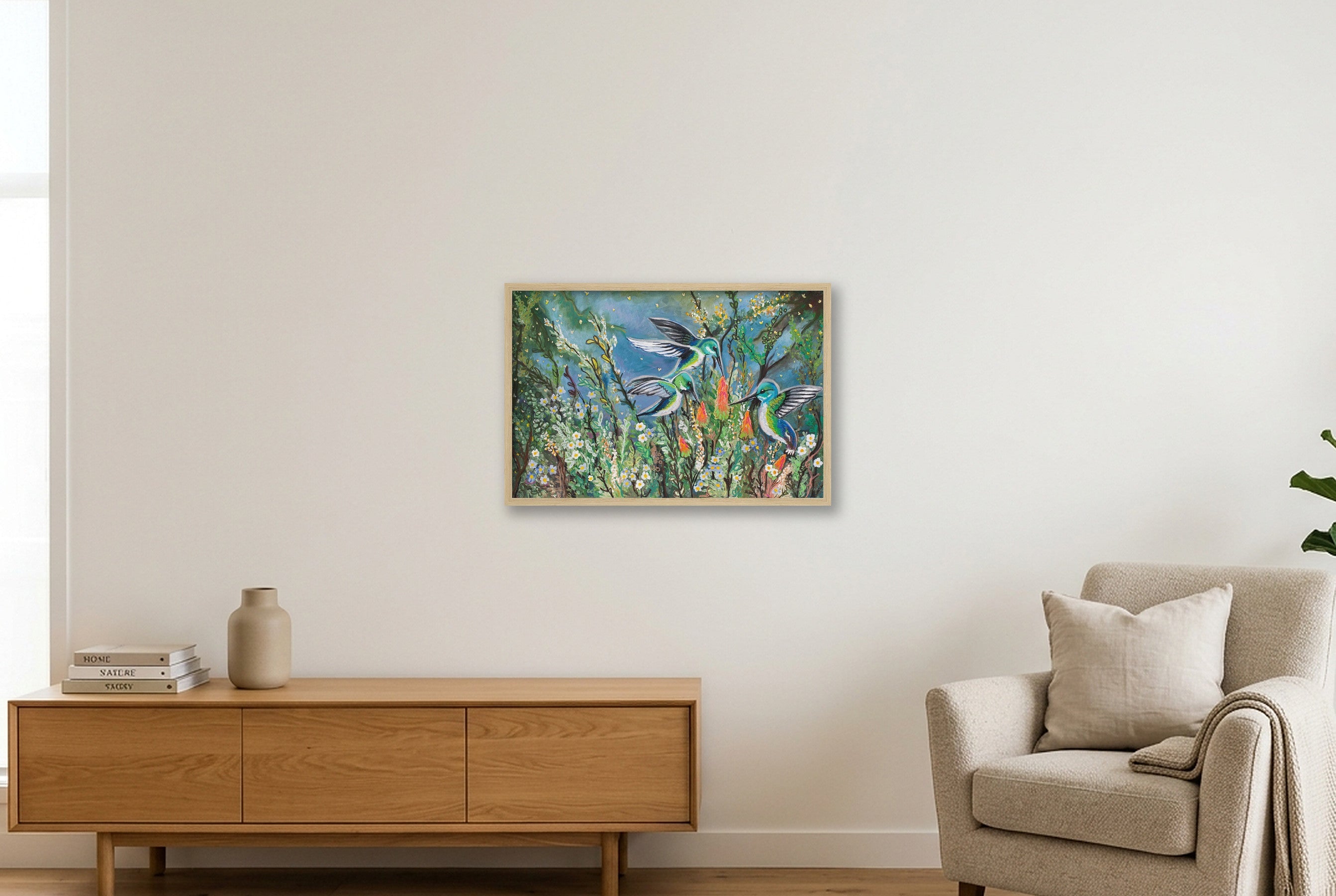 Whimsical Hummingbirds — 60×40cm, 24×16" Oak Frame