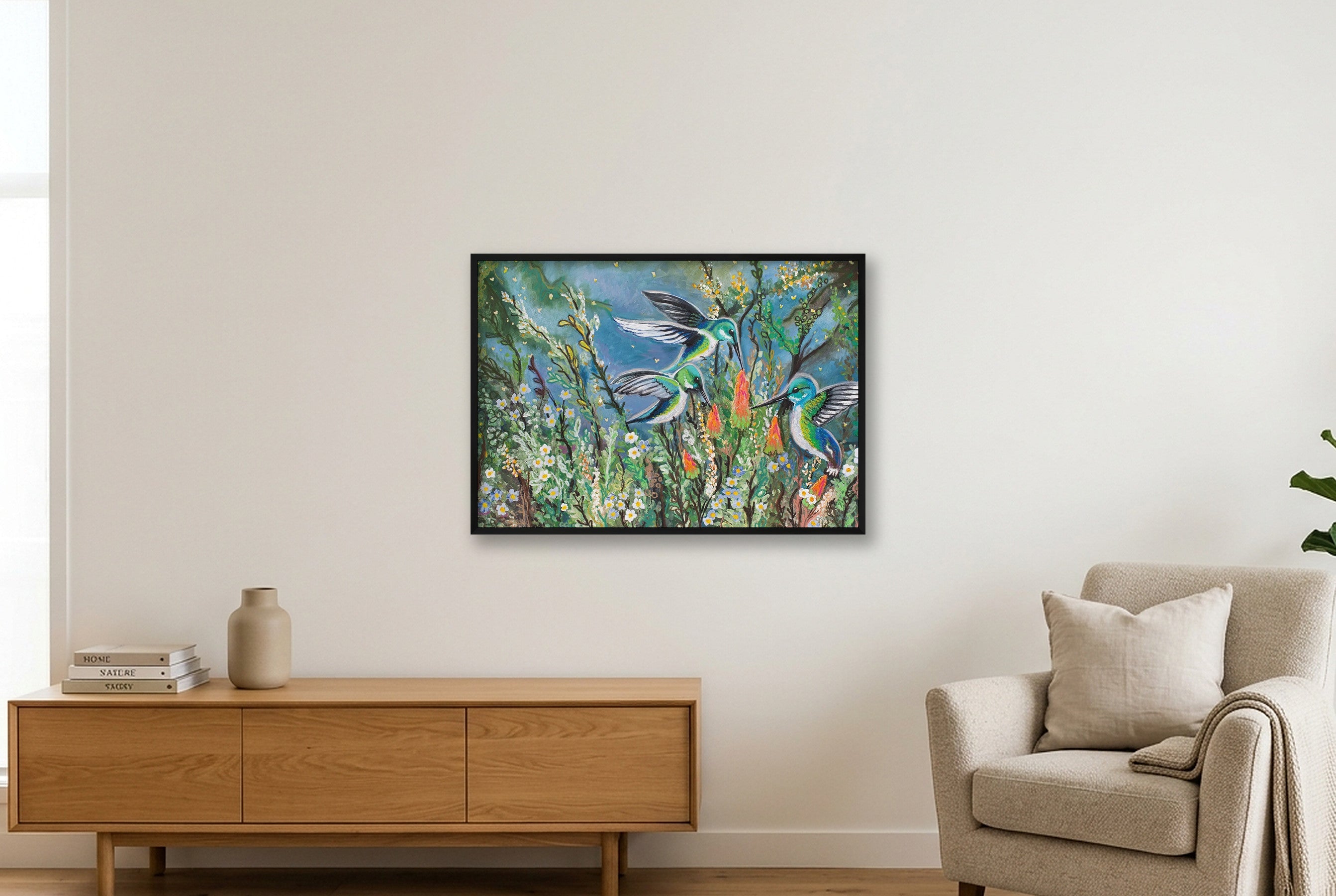 Whimsical Hummingbirds — 100×70cm, 39×28" Black Frame