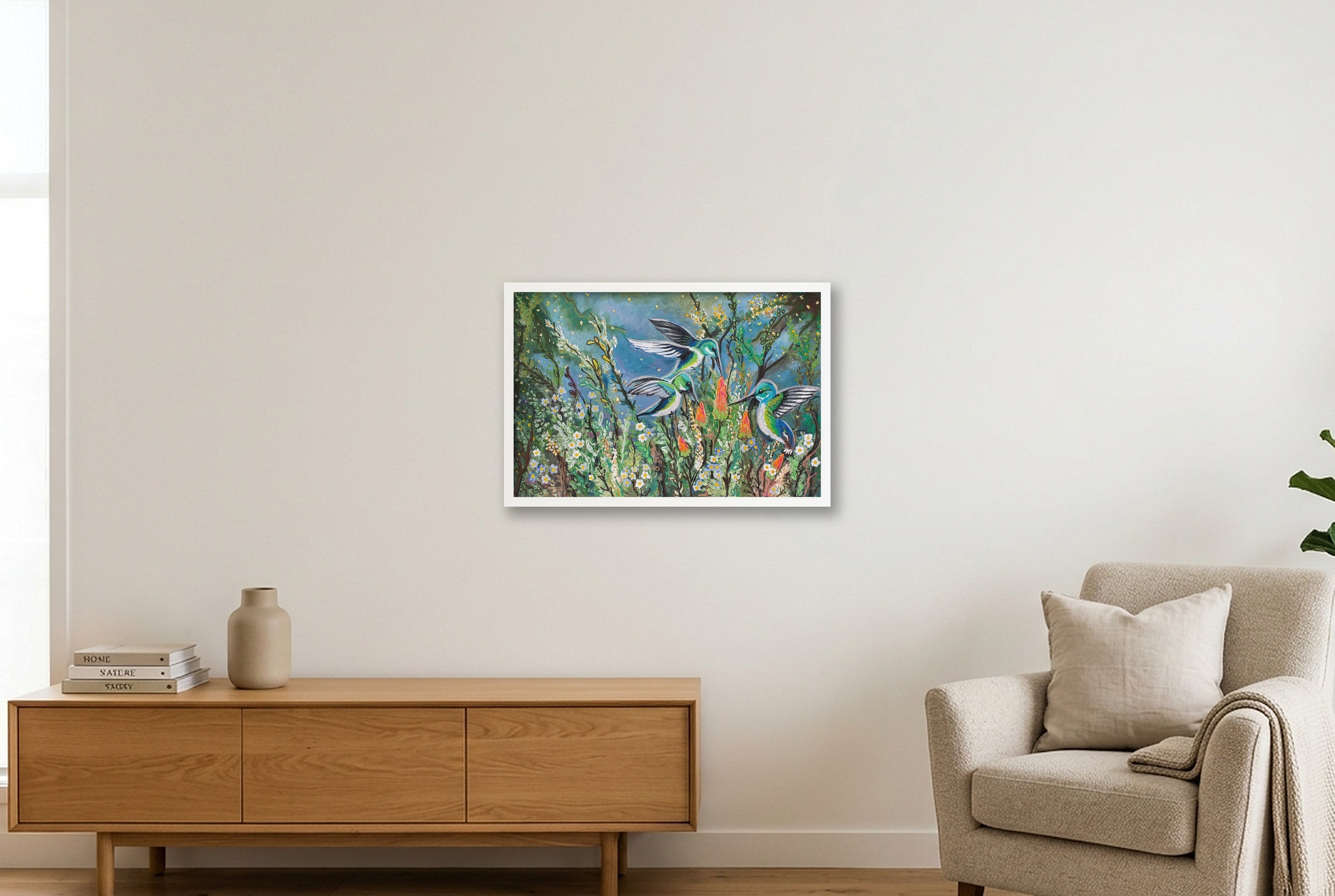 Whimsical Hummingbirds — 60×40cm, 24×16" White Frame